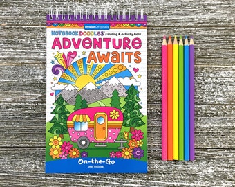 ADVENTURE AWAITS On-the-Go SPIRAL Coloring Book by Jess Volinski • Small Portable Book for Kids Children Tweens Adult • Travel • Vacation