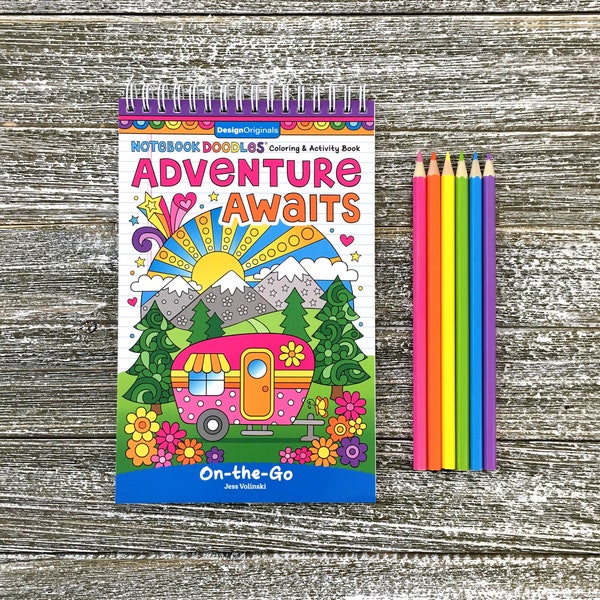 ADVENTURE AWAITS On-the-Go SPIRAL Coloring Book by Jess Volinski • Small Portable Book for Kids Children Tweens Adult • Travel • Vacation