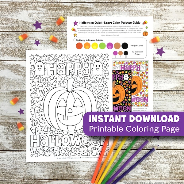 INSTANT DOWNLOAD Happy Halloween Adult Coloring Printable Page • Pumpkin Art Activity PDF • Notebook Doodles Colorable Art • Adults & Kids