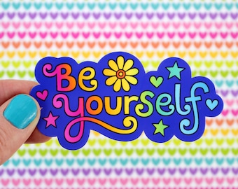 BE YOURSELF Rainbow Lettering Vinyl Decal Sticker • Adorable Laptop Sticker, Hand-lettering, Cute Gift, Decal, Positivity, Flower