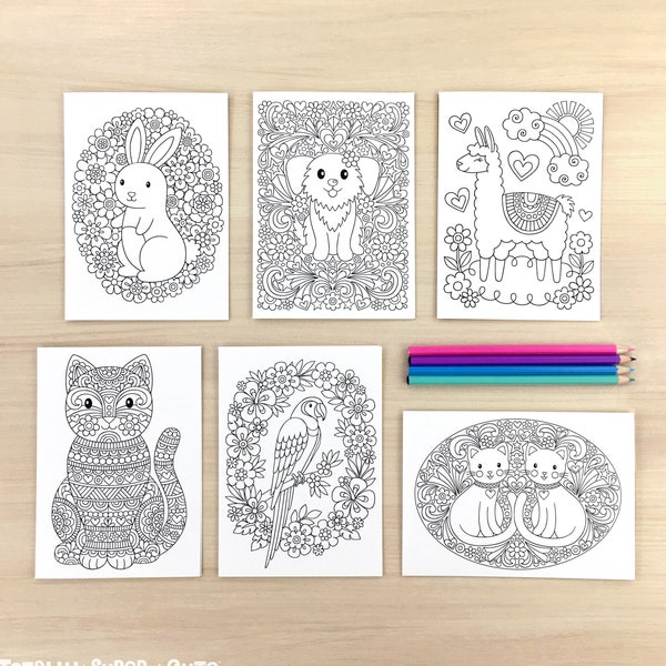 ADORABLE PETS Box of 12 COLORING Cards  5" x 7" • Notebook Doodles Cute Animals Colorable Card Pack, Blank Inside, Adults Kids Tweens