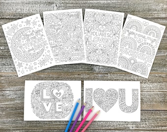 LOVE YOU Box of 12 Valentine's Day Coloring Cards 5" x 7" • Notebook Doodles Colorable Greeting Card Pack, Blank Inside, Adults Kids Tween