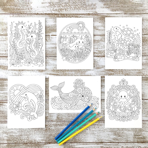 12ER SET OCEAN FRIENDS Ausmalkarten 13x18 cm • Notizbuch Doodles ausmalbare Grußkarten, Niedliche Tiere, Blanko innen, Erwachsene Kinder Tween