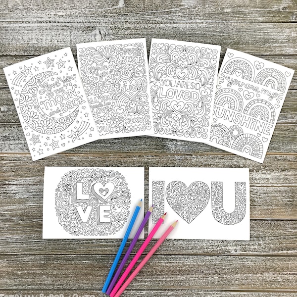 LOVE YOU Box of 12 Valentine's Day Coloring Cards 5" x 7" • Notebook Doodles Colorable Greeting Card Pack, Blank Inside, Adults Kids Tween