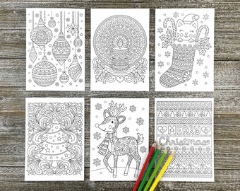 MERRY CHRISTMAS Box of 12 Coloring Cards 5" x 7" • Notebook Doodles Colorable Holiday Greeting Cards, Blank Inside, Adults Kids Tweens