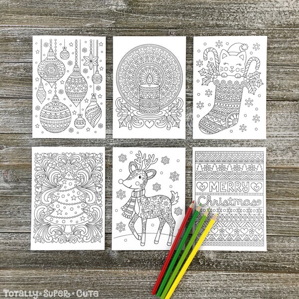 MERRY CHRISTMAS Box of 12 Coloring Cards 5" x 7" • Notebook Doodles Colorable Holiday Greeting Cards, Blank Inside, Adults Kids Tweens