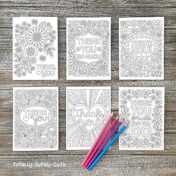 BOX of 12 THANK YOU Coloring Cards  5" x 7" • Notebook Doodles Gratitude Colorable Greeting Cards, Blank Inside, Adults Kids Tween Card Pack