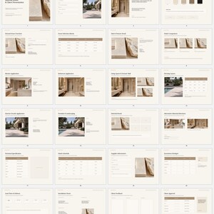 May include: A twenty-four page digital presentation template titled Natural Stone Material Board & Client Presentation, featuring a neutral beige color palette, stone texture imagery, project tables, and layout sections for design concepts, material boards, and technical specifications.