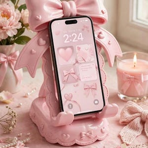 May include: A light pink smartphone stand featuring a large sculpted bow at the top and a scalloped base. The stand holds a smartphone displaying a pink themed lock screen with a digital clock showing 2:24 and various heart and bow icons.