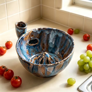 May include: A ceramic citrus juicer bowl featuring a glossy, mottled glaze in shades of deep blue, brown, and cream. The bowl has a central reamer, a side handle, and drainage holes, surrounded by scattered red cherry tomatoes and green grapes.