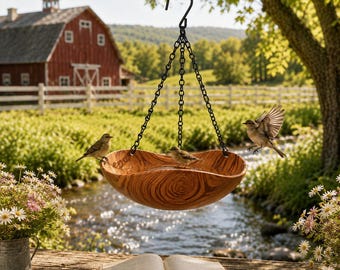 Wood Grain Hanging Bird Bowl, Single  Double Tier Dual Use Bird Feeder & Bird Bath, Weatherproof PP Plastic Farmhouse Garden Wildlife Decor