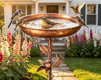 Vaschetta per uccelli vintage in bronzo, ciotola per l'acqua con supporto per prato e aiuole, vaschetta per uccelli da terra di varie dimensioni, decorazione per esterni a tema fauna selvatica, idea regalo