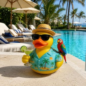 Peut inclure: Un canard en caoutchouc jaune portant un chapeau de paille et des lunettes de soleil noires, vêtu d'une chemise bleu clair à motifs de palmiers. Le canard tient un petit verre avec une boisson verte et une tranche de citron vert, avec un perroquet coloré posé sur son aile.