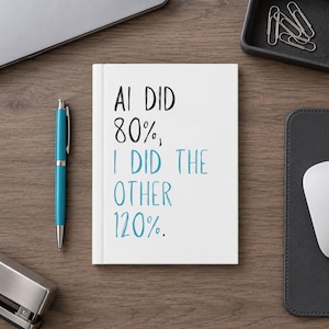 May include: A white notebook featuring the black text AI DID 80%, and the light blue text I DID THE OTHER 120%. The notebook is positioned on a wooden surface alongside a blue pen, a silver stapler, a black tray with paper clips, and a computer mouse.