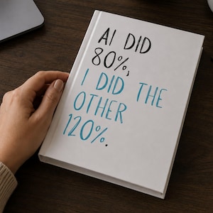 May include: A white hardback book featuring black and blue text printed on the front cover. The text reads AI DID 80%, I DID THE OTHER 120%. The book is rectangular with a clean, smooth surface and sharp edges, presented in a clear, readable font style.