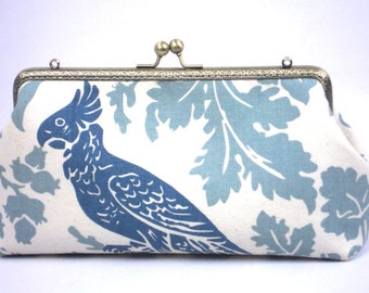 Blue Parrot Clutch Purse, Evening Bag, Dressy Clutch, Ivory and Blues Clutch Handmade by WhiteCrossDesigns in USA, Ready to Ship