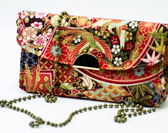 Orange Oriental Print Clutch with Removable Chain, Dressy Date Bag, Party Purse, Ilsa; Handmade by WhiteCross Designs in USA