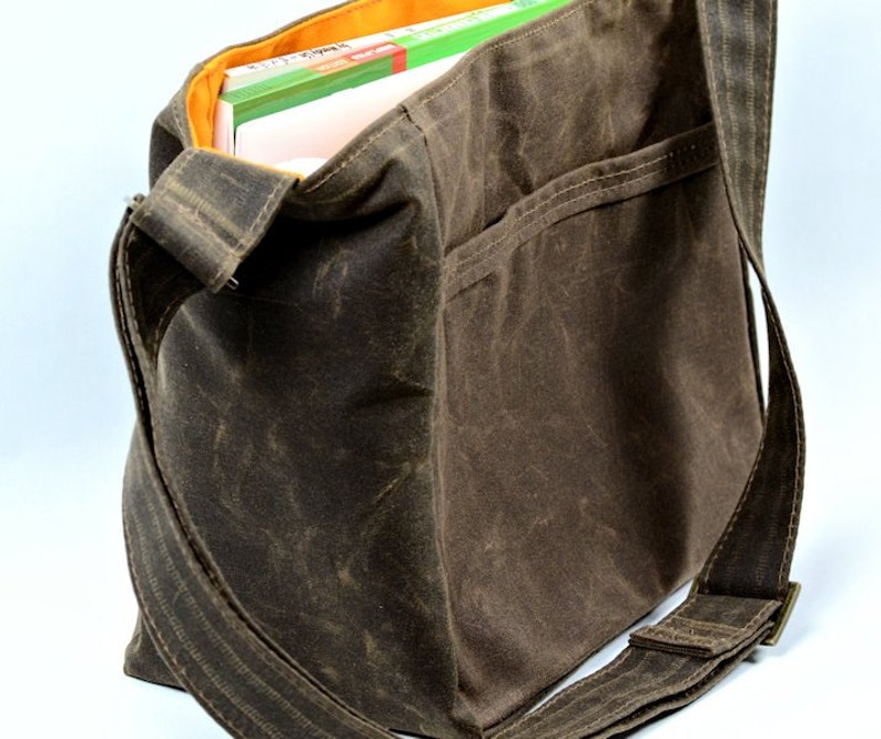 Brown Waxed Canvas Bag Vegan Leather City Tote Handmade Bag Etsy