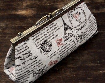 Clutch Purse with Retro Paris Travel Journal Print, Handmade Unique Evening Bag by WhiteCrossDesigns, Ready to ship from USA