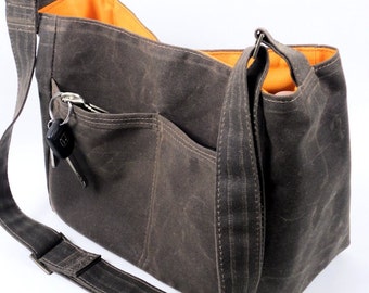 Brown Waxed Canvas Tote Bag Handmade Vegan Leather City Tote Purse Minimalist Crossbody Handbag by WhiteCrossDesigns MGX Made  in USA