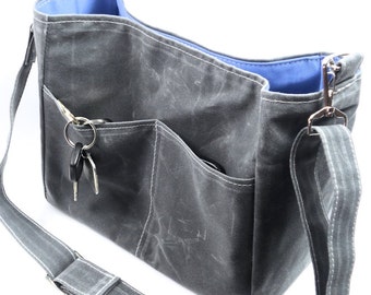 Grey Waxed Canvas Tote Purse,  Vegan Leather, Crossbody Unisex Bag, Margeaux, Made to Order in USA by WhiteCrossDesigns