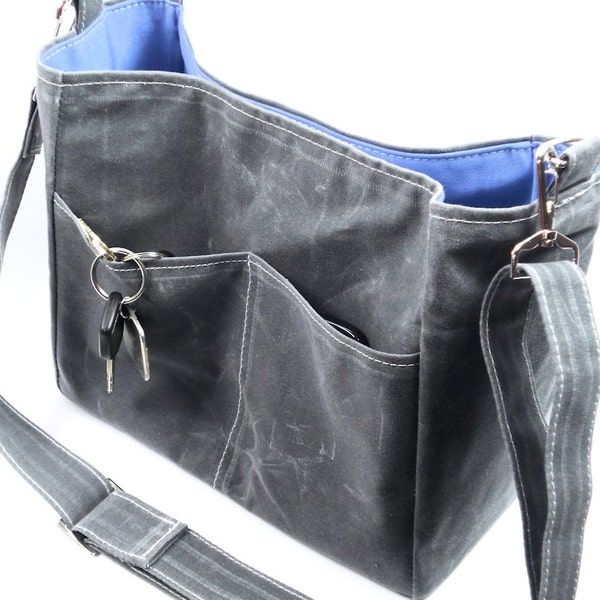 READY TO SHIP, Grey Waxed Canvas Tote Purse,  Vegan Leather, Crossbody Unisex Bag, Margeaux, by WhiteCrossDesigns, Made in America