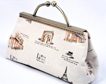 Clutch  Purse, Handmade  Paris French Theme Clutch, "I Love Paris" Print , by WhiteCrossDesigns, Ready to Ship