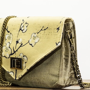 Silk Evening Bag Ready To Ship, Unique Green Gold Date Purse with Long Detachable Strap, Handmade in USA by WhiteCrossDesigns