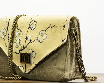 Silk Evening Bag, Green Gold Date Purse, Long Chain Strap, Cyan, Handmade in USA by JCWhiteDesigns; Ready to Ship