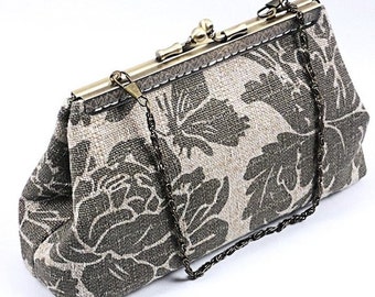 Clutch Purse with Sewn On Frame, Sage and Khaki Floral Bag, Handmade Small Bag by WhiteCrossDesigns Ready to Ship