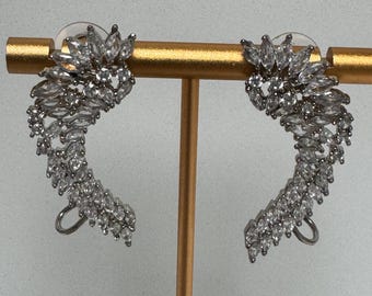 Sterling Silver Post CZ Cubic Zirconia Wing Earrings Ear Cuff Crawler Climber