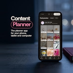 May include: A smartphone displaying a content planner app interface with a grid of social media post previews. The screen shows the text Content Planner, The planner app for your phone, tablet and computer, and a feed preview for Juniper Skin Studio.