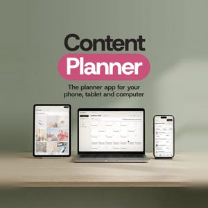 May include: A tablet, a laptop, and a smartphone displaying a content planner app. The text reads Content Planner, The planner app for your phone, tablet and computer. The devices are arranged on a surface against a solid light green background.