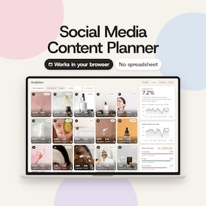May include: A Social Media Content Planner interface displayed on a laptop screen, featuring a grid of post analytics, engagement rates, and reach graphs. The dashboard includes text labels like Works in your browser and No spreadsheet.