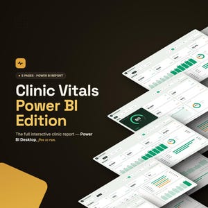 Pode incluir: Uma apresentação digital para um relatório de 5 páginas do Clinic Vitals Power BI. O fundo escuro apresenta texto dourado lendo Clinic Vitals Power BI Edition, ao lado de telas de painel brancas empilhadas exibindo gráficos e métricas.