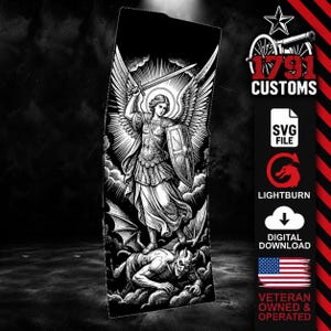 May include: A black and white digital graphic file featuring an illustration of Saint Michael the Archangel with wings, a sword, and a shield, standing over a demon. The text includes 1791 CUSTOMS, SVG FILE, LIGHTBURN, and DIGITAL DOWNLOAD.