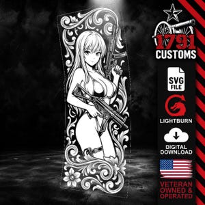 May include: A black and white digital graphic file featuring an anime-style character holding a firearm, framed by intricate floral scrollwork. The design includes text labels for 1791 CUSTOMS, SVG FILE, LIGHTBURN, and DIGITAL DOWNLOAD with a US flag icon.