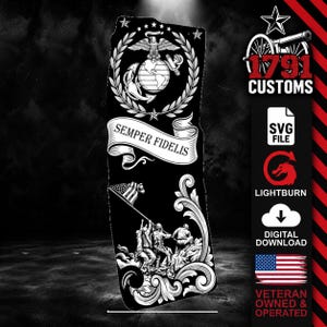 May include: A black and white digital design file featuring the United States Marine Corps emblem with an eagle, globe, and anchor, a banner reading Semper Fidelis, and a scene of soldiers raising an American flag, surrounded by scrollwork.