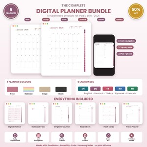 Digital Planner Bundle GoodNotes 2026 | Planner Notebook Journal Recipe Flashcards Travel | 4 Colors Photo Frames | Ipad | Multilingual