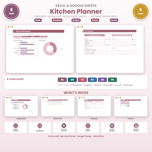 Könnte beinhalten: Ein digitaler Küchenplaner für Excel und Google Sheets mit acht Reitern und sechs Sprachen. Die Benutzeroberfläche umfasst ein Dashboard, einen Essensplan, eine Einkaufsliste, Rezeptkarten und eine Vorratsverwaltung in einem Mauve-Farbton.