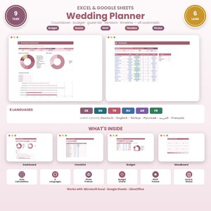 Pode incluir: Um modelo digital de planejador de casamento para Excel e Google Sheets com nove abas e seis idiomas. A interface exibe um painel, lista de convidados, gráficos de orçamento e uma lista de verificação em tons de malva.