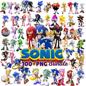 May include: A digital collection of Sonic the Hedgehog characters including Sonic, Tails, Knuckles, Shadow, Amy, and others in various poses. The central text reads SONIC 100+ PNG Bundle in blue and yellow lettering against a white background.