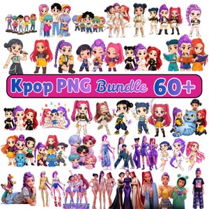 May include: A digital collection of over 60 chibi-style K-pop character illustrations featuring diverse outfits, hairstyles, and poses, including groups and individuals, with the text Kpop PNG Bundle 60+ displayed in a pink rectangular banner.