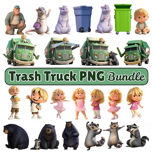 May include: A digital collection of cartoon-style illustrations featuring refuse trucks, children, bears, raccoons, and anthropomorphic rats. The set includes various poses of characters and vehicles, with the text Trash Truck PNG Bundle displayed centrally.