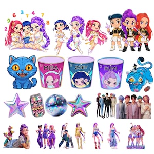 Puede incluir: Una colección de pegatinas digitales con personajes estilo chibi de pelo colorido, gatos azules de grandes ojos amarillos, tres tazas etiquetadas Mira, Zoey y Rumi, estrellas iridiscentes, una bola de discoteca, una lata de refresco y retratos.