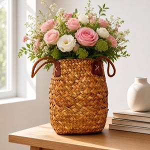 Puede incluir: Una cesta tejida de color marrón hecha de hierba marina con dos asas de cuero marrón con costuras blancas, llena de un exuberante arreglo de rosas rosadas, lisianthus blancos, pequeñas flores verdes y delicada paniculata blanca.