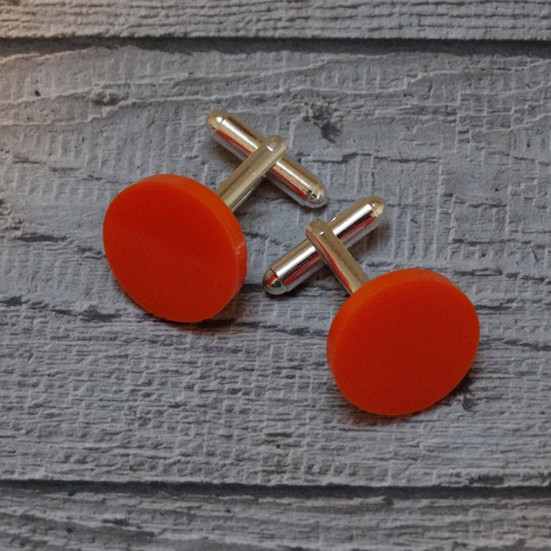 Silver Plated Valentines Cufflinks Orange Perspex Disc Cufflinks