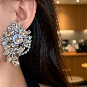 May include: A large, statement earring featuring a cluster of clear, faceted crystals in various shapes, including marquise, round, and pear cuts, set in a silver-toned metal frame that covers the earlobe and extends outward in a floral-like design.