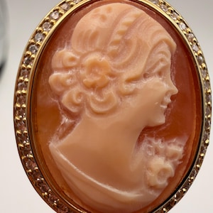 May include: An oval-shaped cameo brooch featuring a carved peach-coloured profile of a person with a floral hair accessory. The cameo is set in a gold-toned metal frame bordered by a continuous row of small, clear, sparkling round-cut stones.