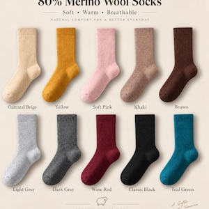 May include: A collection of ten crew-length socks made of 80% merino wool, displayed in various colors including oatmeal beige, yellow, soft pink, khaki, brown, light grey, dark grey, wine red, classic black, and teal green.